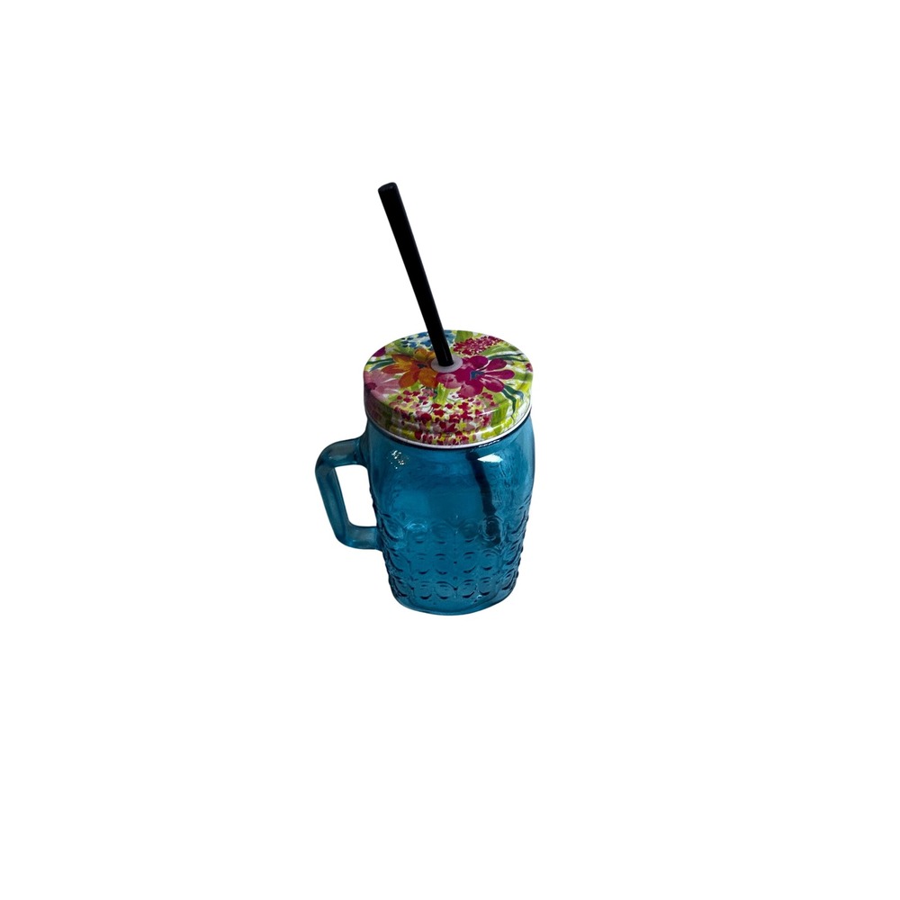 Pioneer Woman? Mason Jar Mug 16oz Blue Floral Lid Textured Glass Straw Drinkware